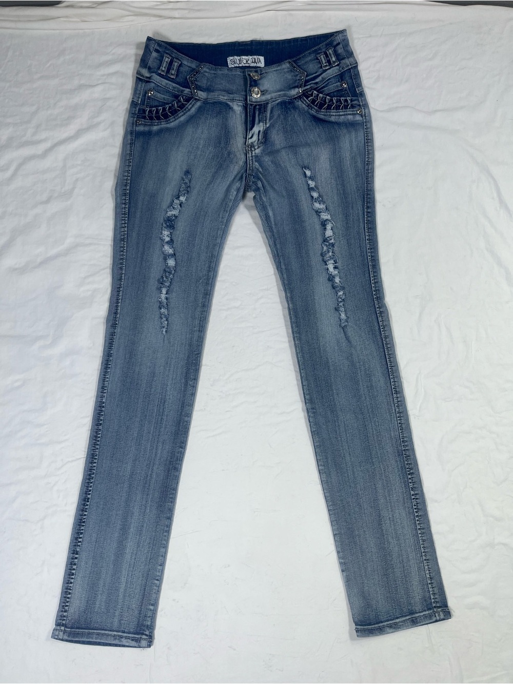 Silver Diva Size 13 Skinny Jeans Distressed Bling Y2K Rhinestone Gems Light Wash